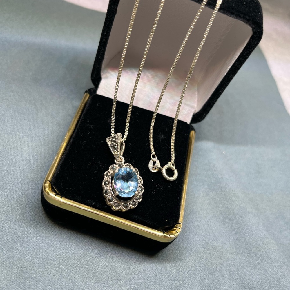 Silver Necklace with Blue Oval Gemstone Pendant